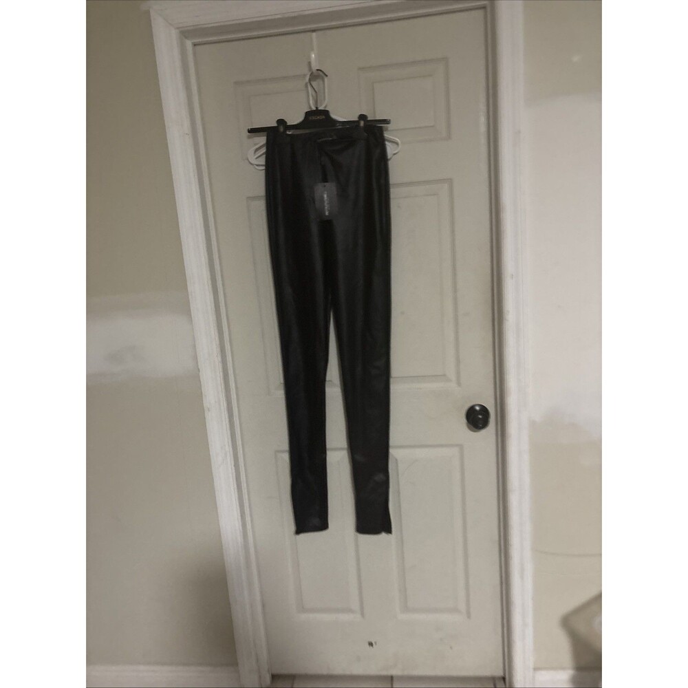 Pretty Little Thing Womens Faux Leather Split Hem Pant Black Size US:6 NWT